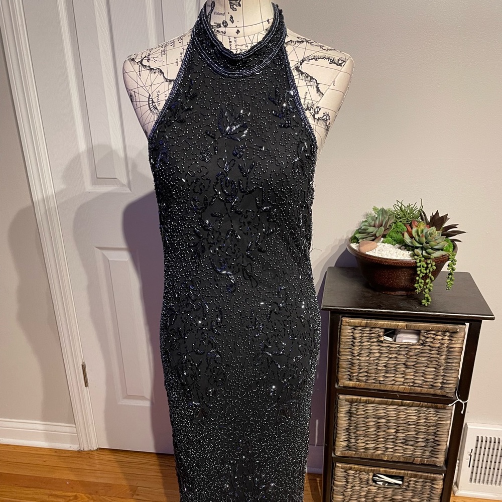 👹Scala Silk Sequins Vintage Embellished Halter Beads Backless Mermaid Formal XXL - Picture 2 of 8